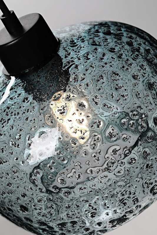 Hand Blown Glass Pendant Light for Kitchen Island Sink Restaurant Farmhouse, Grey Blue, Matt Black