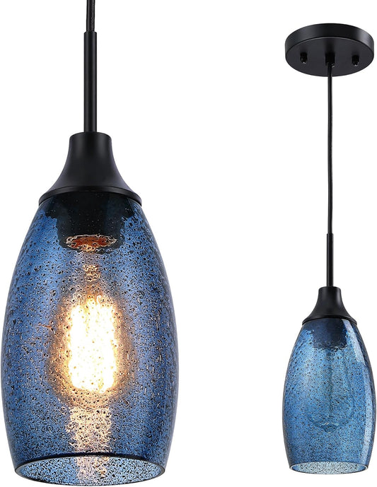 Handblown Clear Dark Blue Seeded Glass Mini Pendant Light with Adjustable Cord for Kitchen Island - 4.72" Diameter
