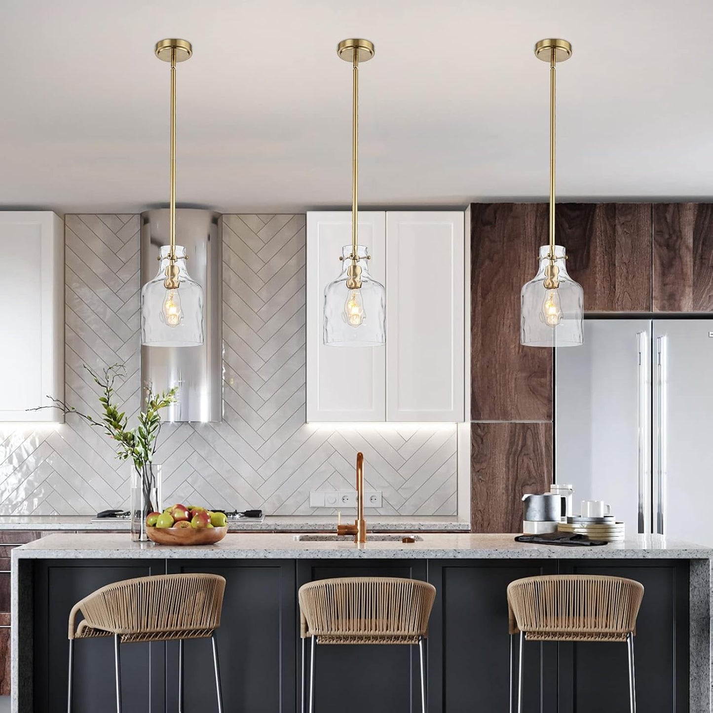 Pendant Light Fixtures,Glass Pendant Lighting for Modern Kitchen Island Adjustable Hanging Ceiling Light 7" Hammered Glass Shade Pendant Lights for Dining Room Kitchen Sink, Gold Metal Finish