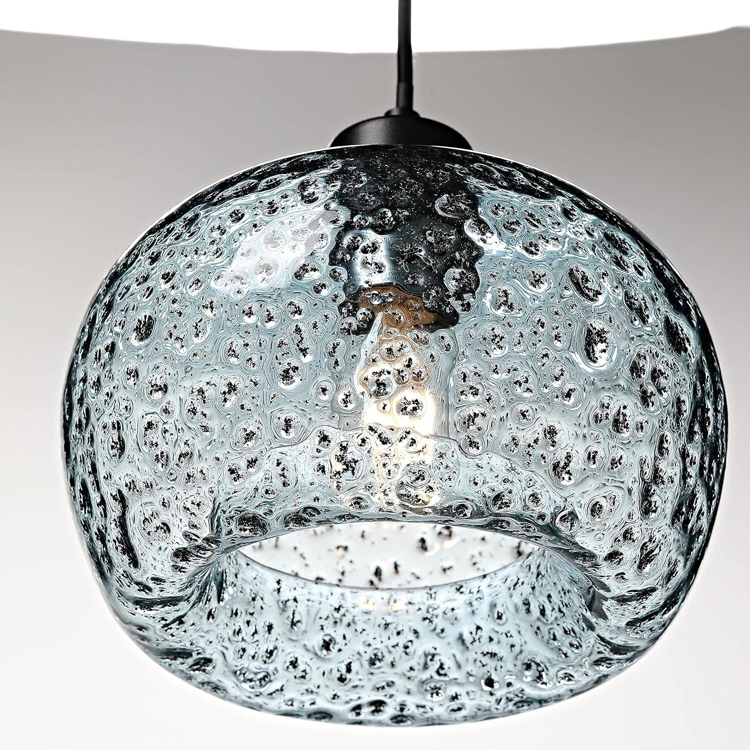 Hand Blown Glass Pendant Light for Kitchen Island Sink Restaurant Farmhouse, Grey Blue, Matt Black
