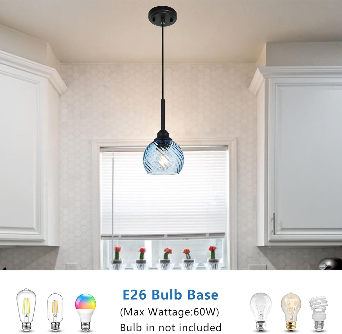 Kitchen Pendant Lighting over Sink 1-Light Hanging Lights for Kitchen Blue Glass Pendant Lights with Striped Swirl Glass Shade, Suit for Dining Room Bar Hallway