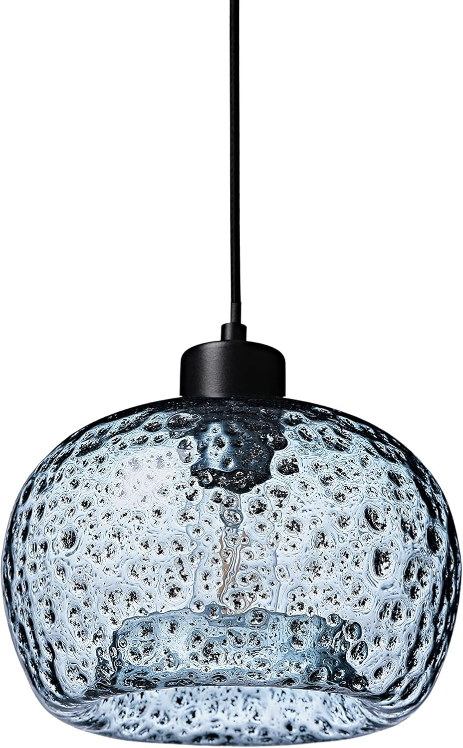 Hand Blown Glass Pendant Light for Kitchen Island Sink Restaurant Farmhouse, Grey Blue, Matt Black