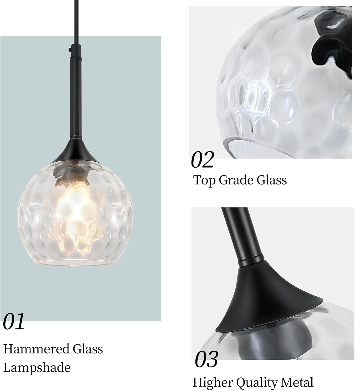 Glass Pendant Light Fixtures, 6'' Kitchen Pendant Lights Black Pendant Light with Hammered Glass Pendant Lights Kitchen Island over Sink Dining Room Foyer