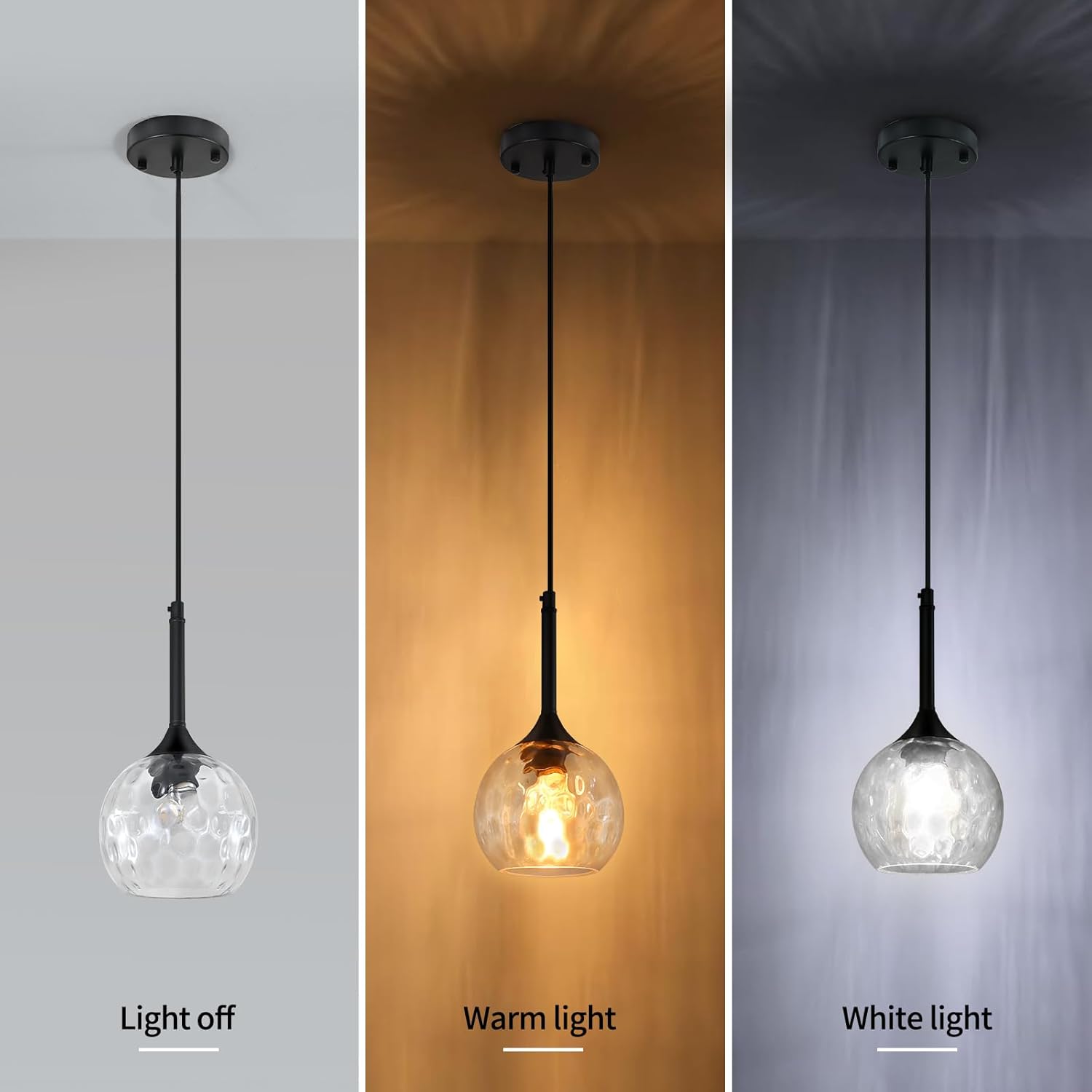 Glass Pendant Light Fixtures, 6'' Kitchen Pendant Lights Black Pendant Light with Hammered Glass Pendant Lights Kitchen Island over Sink Dining Room Foyer