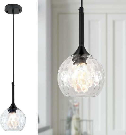 Glass Pendant Light Fixtures, 6'' Kitchen Pendant Lights Black Pendant Light with Hammered Glass Pendant Lights Kitchen Island over Sink Dining Room Foyer