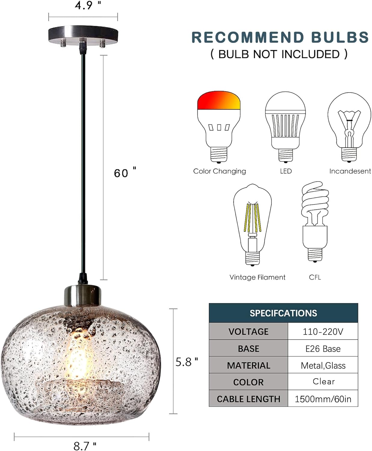 Pendant Lighting Handblown Glass Drop Ceiling Lights, Modern Rustic Hanging Light Clear Seeded Glass with Black Sand Powder, Brushed Nickel Finish 8.7 Inch Diameter