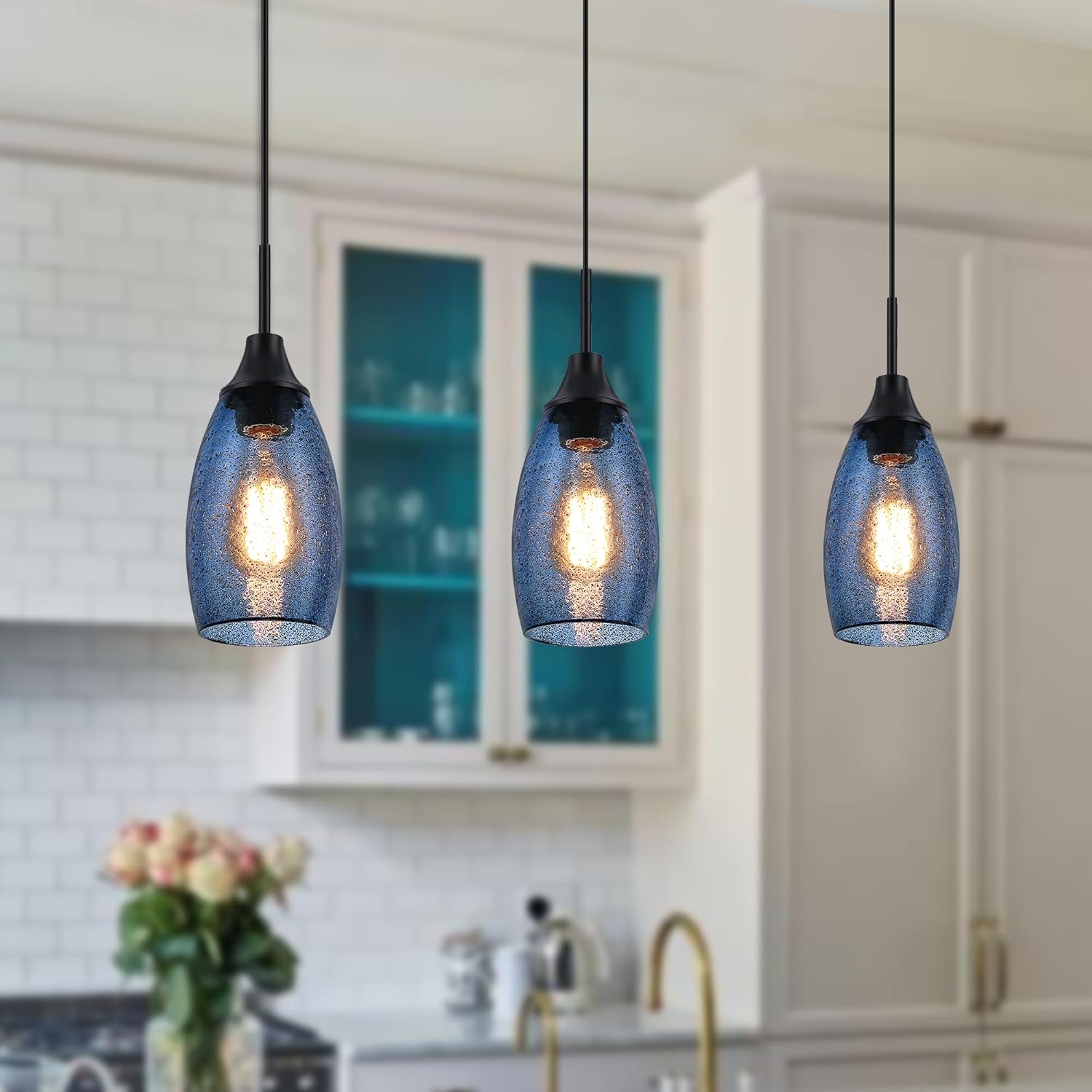 Handblown Clear Dark Blue Seeded Glass Mini Pendant Light with Adjustable Cord for Kitchen Island - 4.72" Diameter