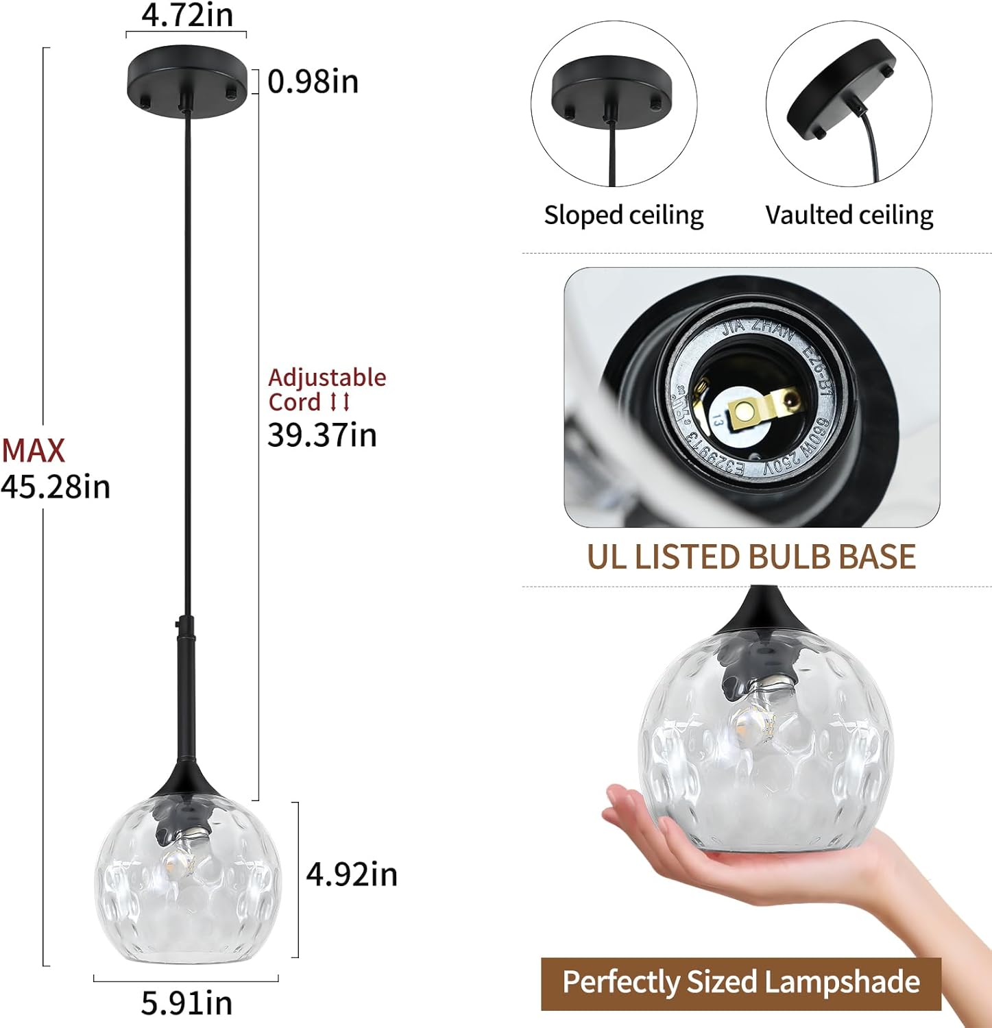 Glass Pendant Light Fixtures, 6'' Kitchen Pendant Lights Black Pendant Light with Hammered Glass Pendant Lights Kitchen Island over Sink Dining Room Foyer