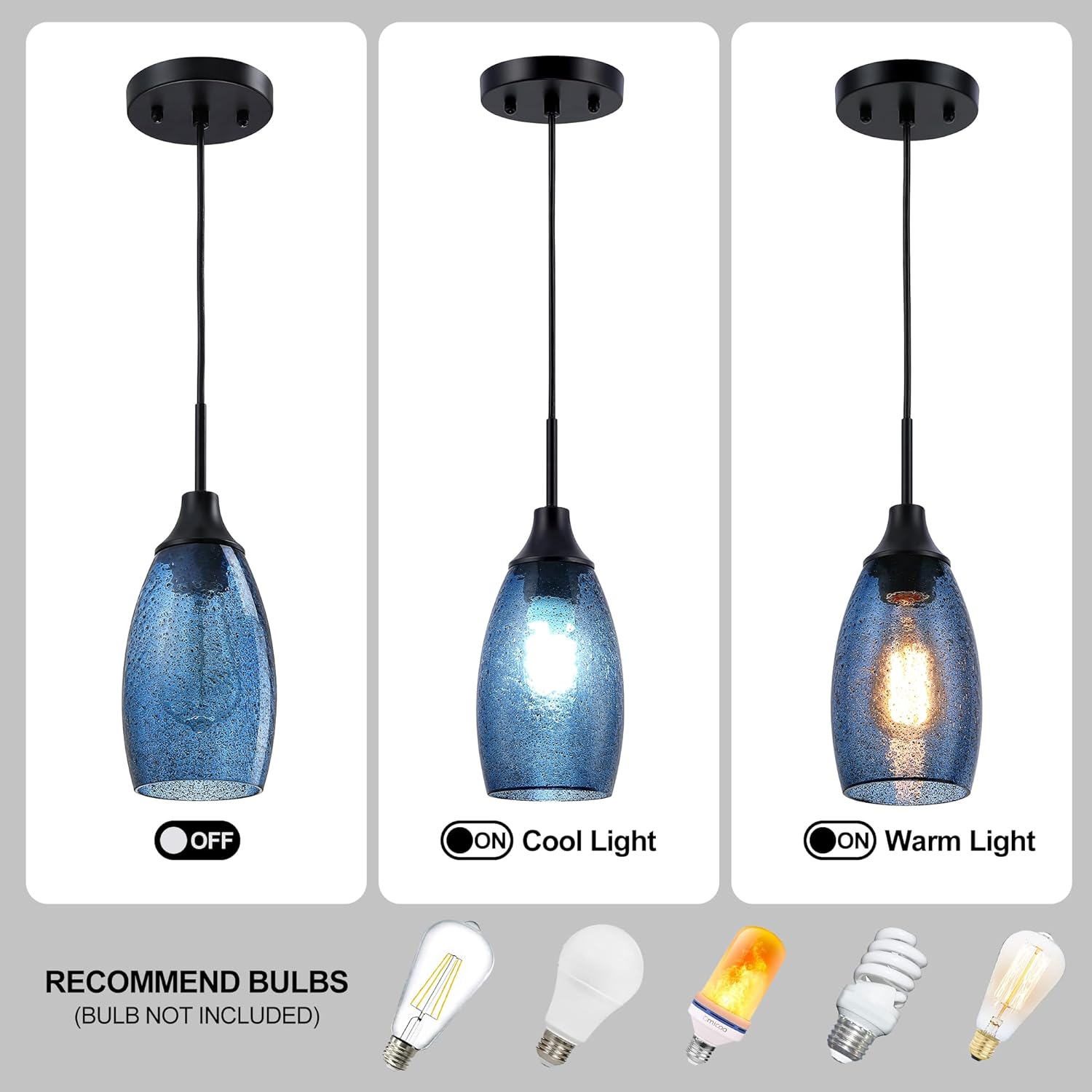 Handblown Clear Dark Blue Seeded Glass Mini Pendant Light with Adjustable Cord for Kitchen Island - 4.72" Diameter