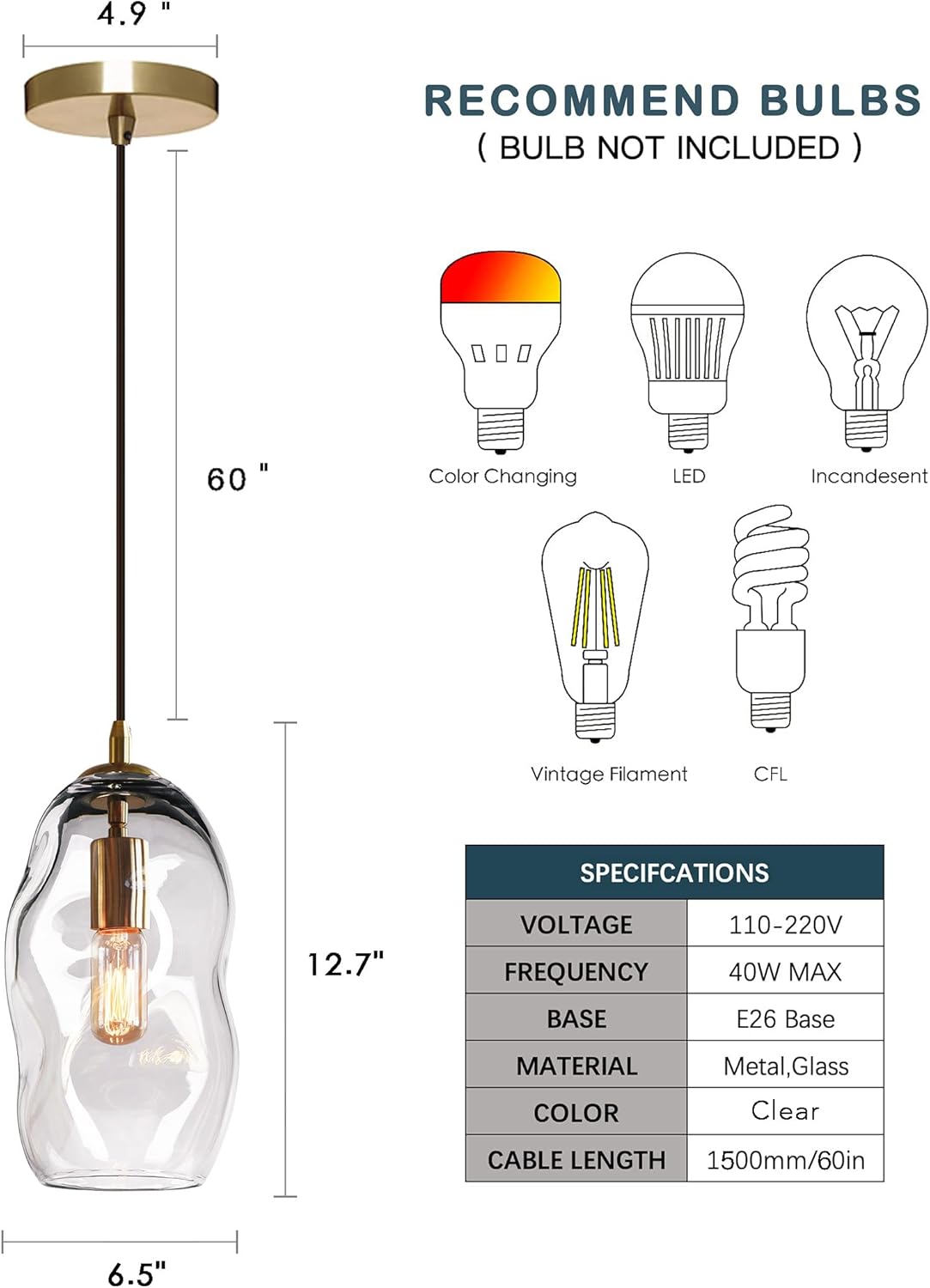 Pendant Light Fixtures Glass Pendant Lights Kitchen Island Modern Gold Brass Kit Clear Organic Globe Bar Counter Dining Room Large Lamp Shade 12 Inch Height 1 Pack