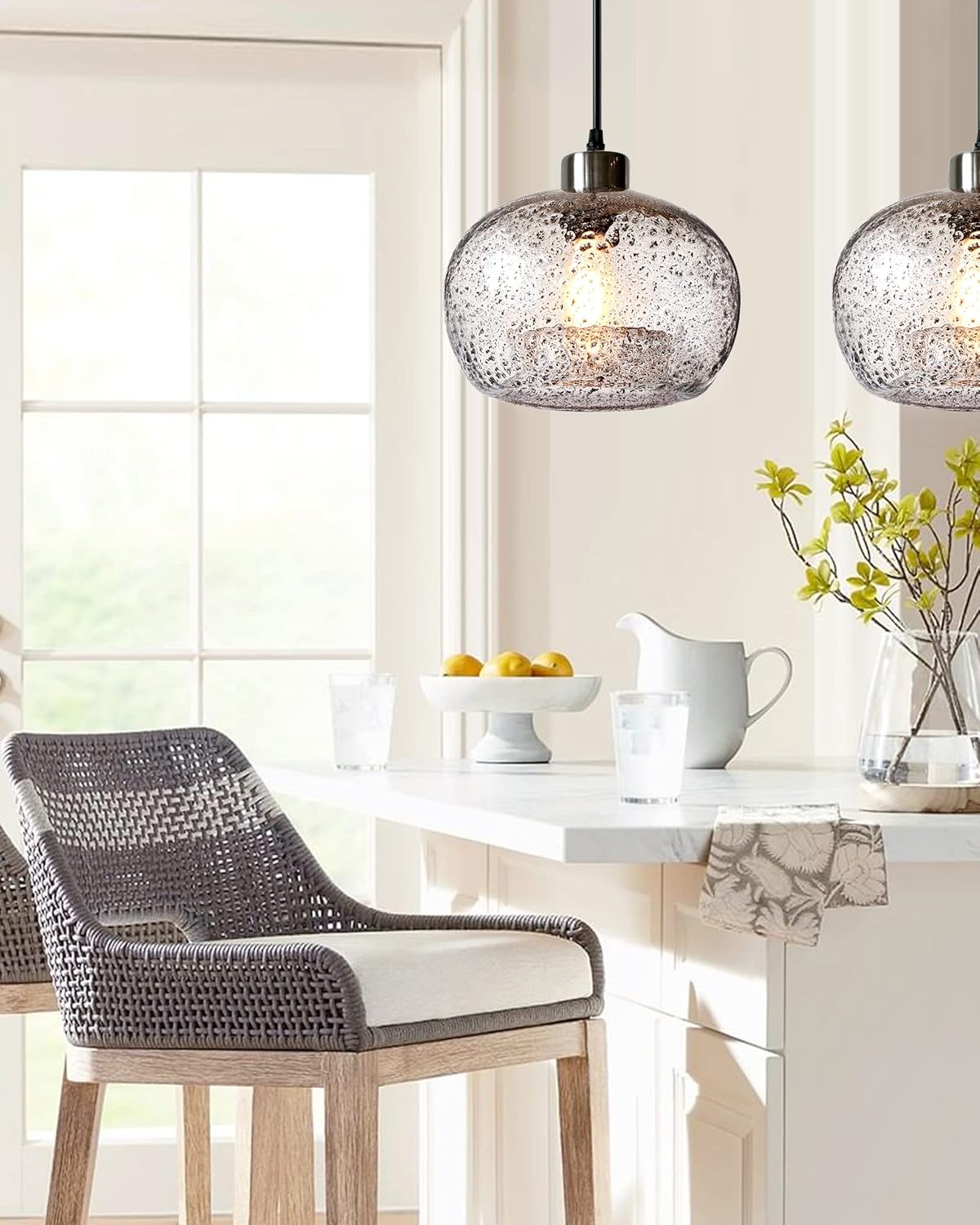 Pendant Lighting Handblown Glass Drop Ceiling Lights, Modern Rustic Hanging Light Clear Seeded Glass with Black Sand Powder, Brushed Nickel Finish 8.7 Inch Diameter