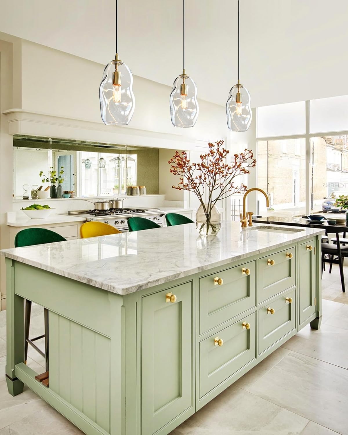 Pendant Light Fixtures Glass Pendant Lights Kitchen Island Modern Gold Brass Kit Clear Organic Globe Bar Counter Dining Room Large Lamp Shade 12 Inch Height 1 Pack