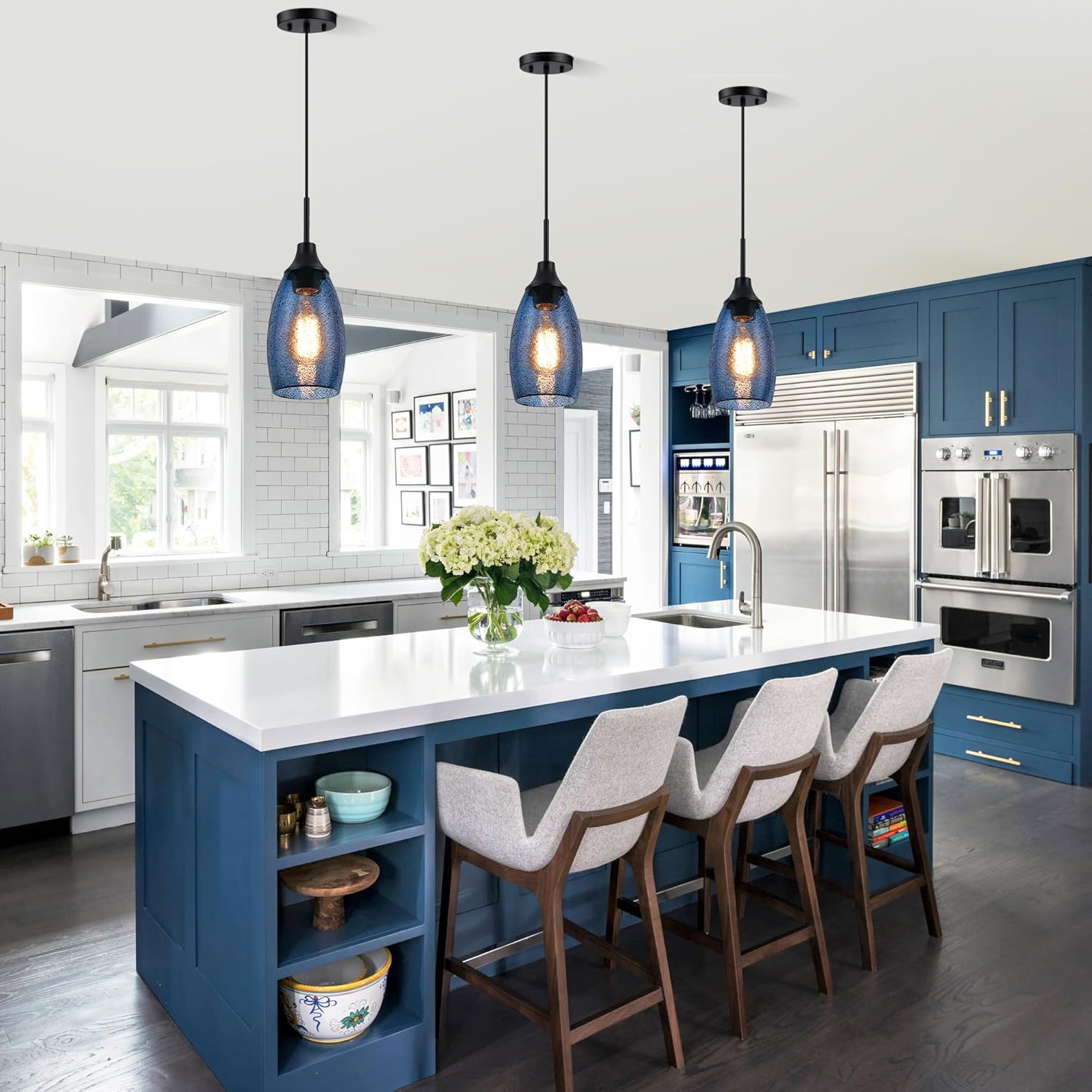 Handblown Clear Dark Blue Seeded Glass Mini Pendant Light with Adjustable Cord for Kitchen Island - 4.72" Diameter
