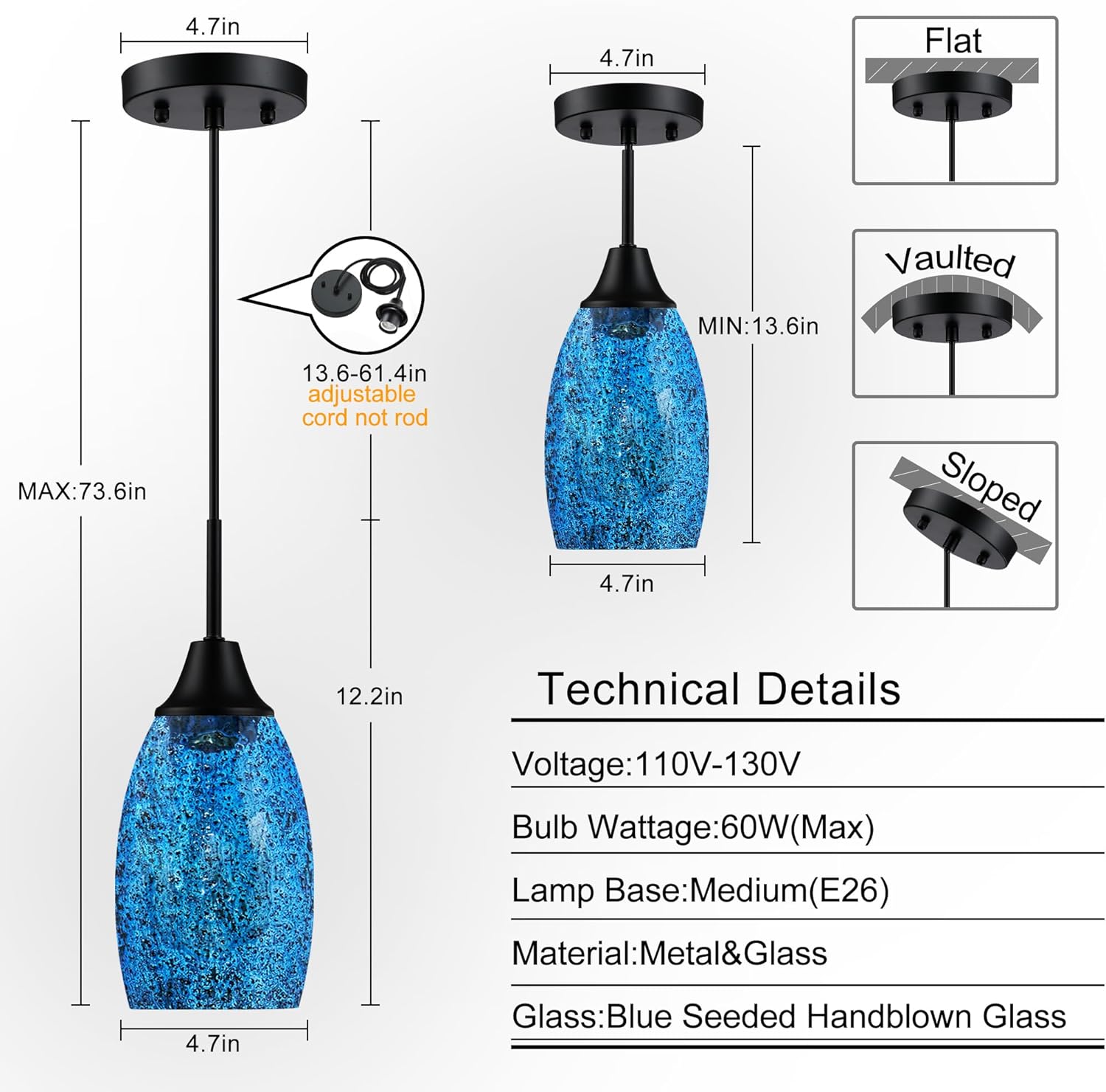 Handblown Clear Dark Blue Seeded Glass Mini Pendant Light with Adjustable Cord for Kitchen Island - 4.72" Diameter
