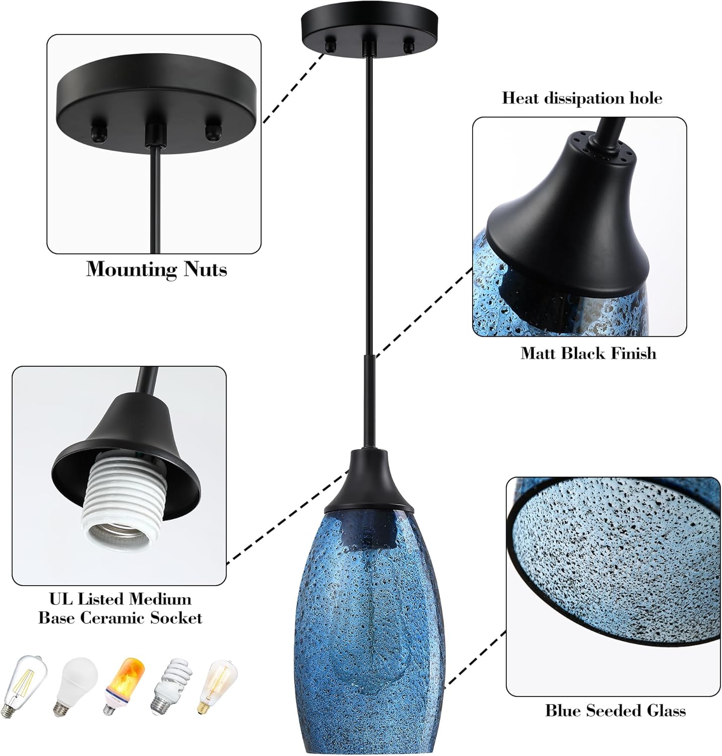 Handblown Clear Dark Blue Seeded Glass Mini Pendant Light with Adjustable Cord for Kitchen Island - 4.72" Diameter