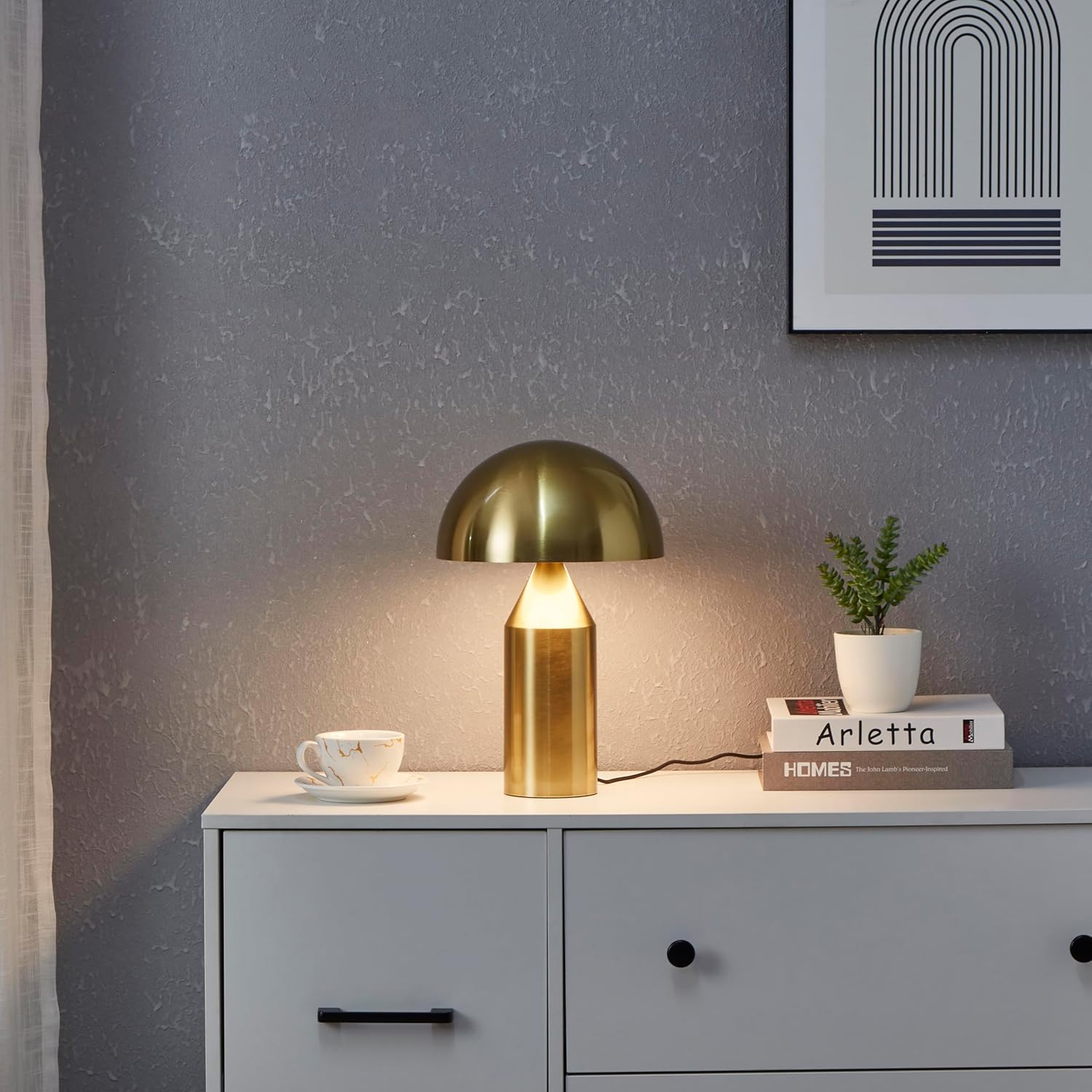 Venus Mushroom Table Lamp - Modern Lamp for Living Room, Bedroom Side/End Table - Dimmable, Unique Side Table LED Lamp Shade for Office, Reading - Brass/Gold, 14" Tall