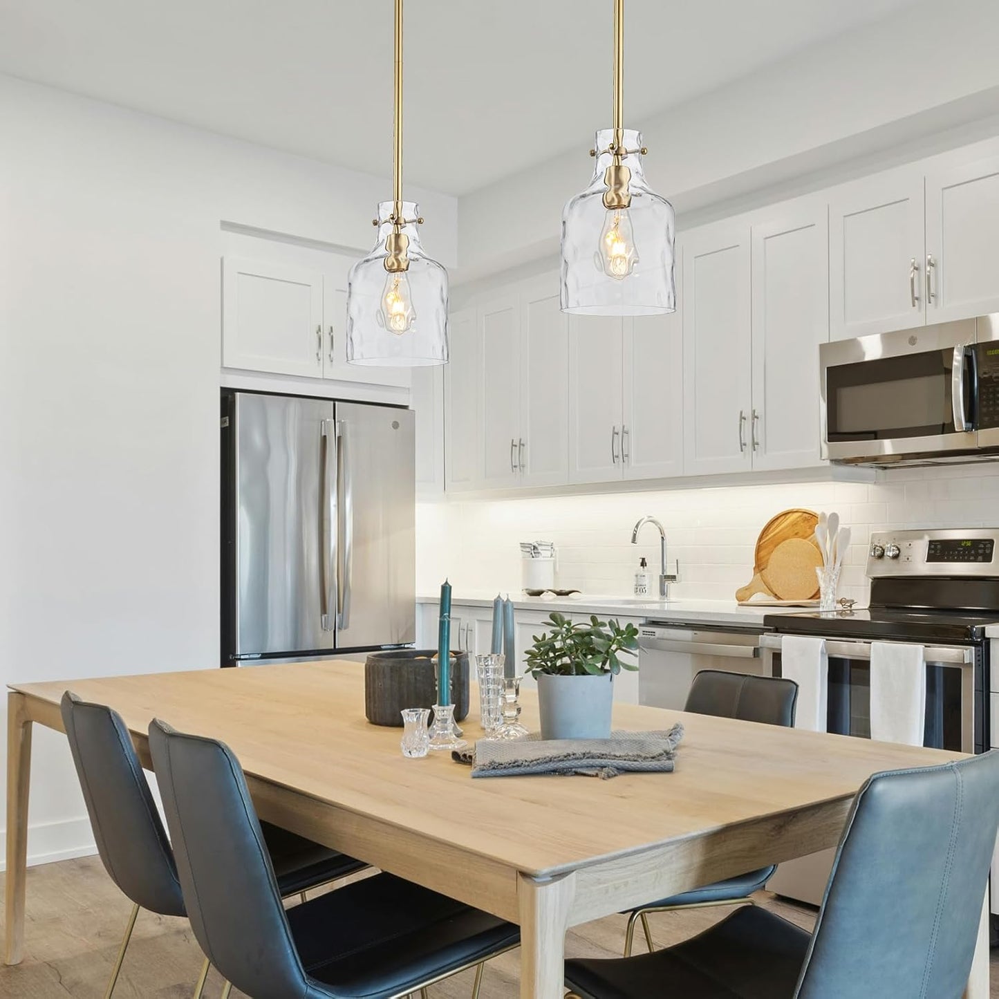 Pendant Light Fixtures,Glass Pendant Lighting for Modern Kitchen Island Adjustable Hanging Ceiling Light 7" Hammered Glass Shade Pendant Lights for Dining Room Kitchen Sink, Gold Metal Finish