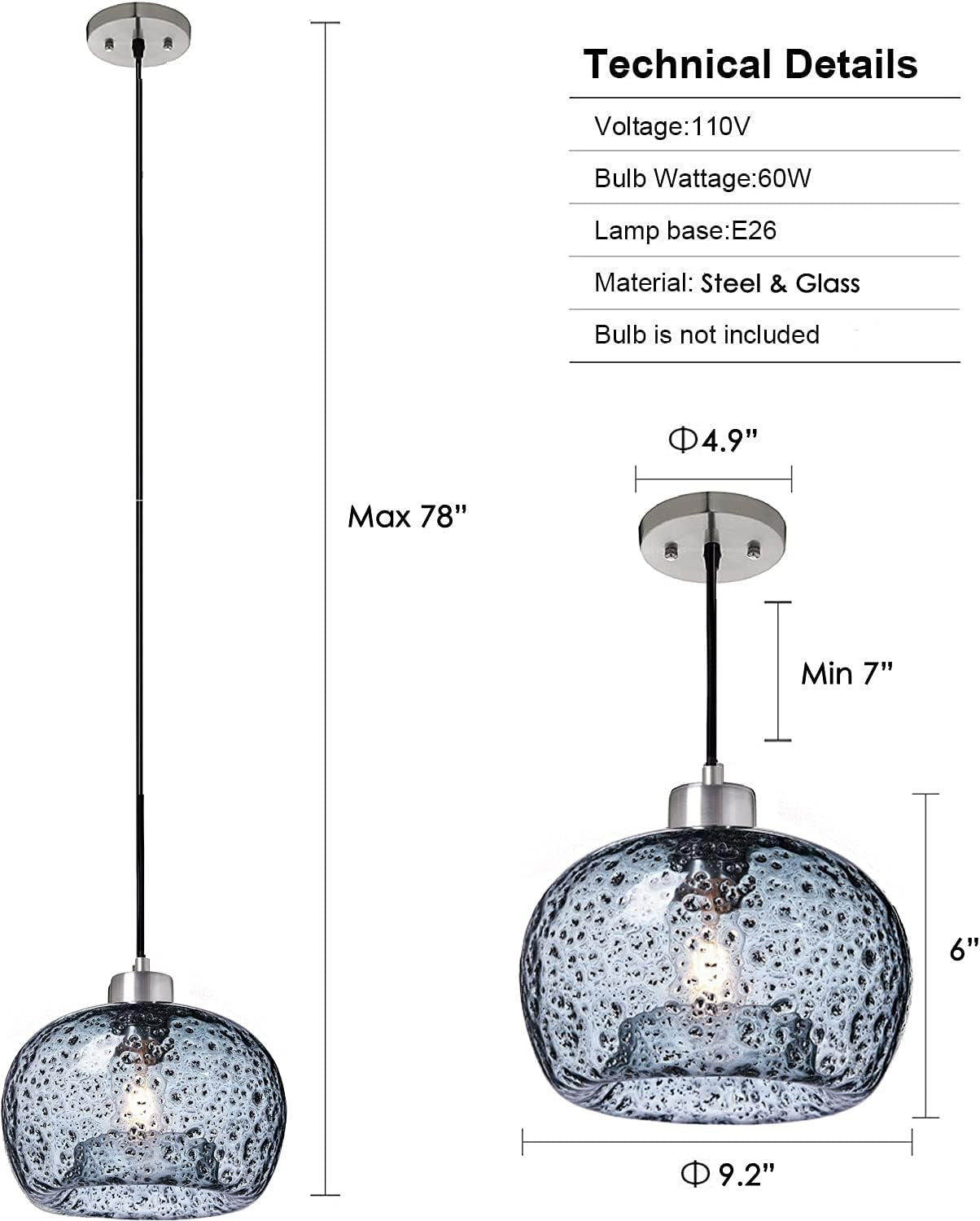 Hand Blown Glass Pendant Light for Kitchen Island Sink Restaurant Farmhouse, Grey Blue, Matt Black