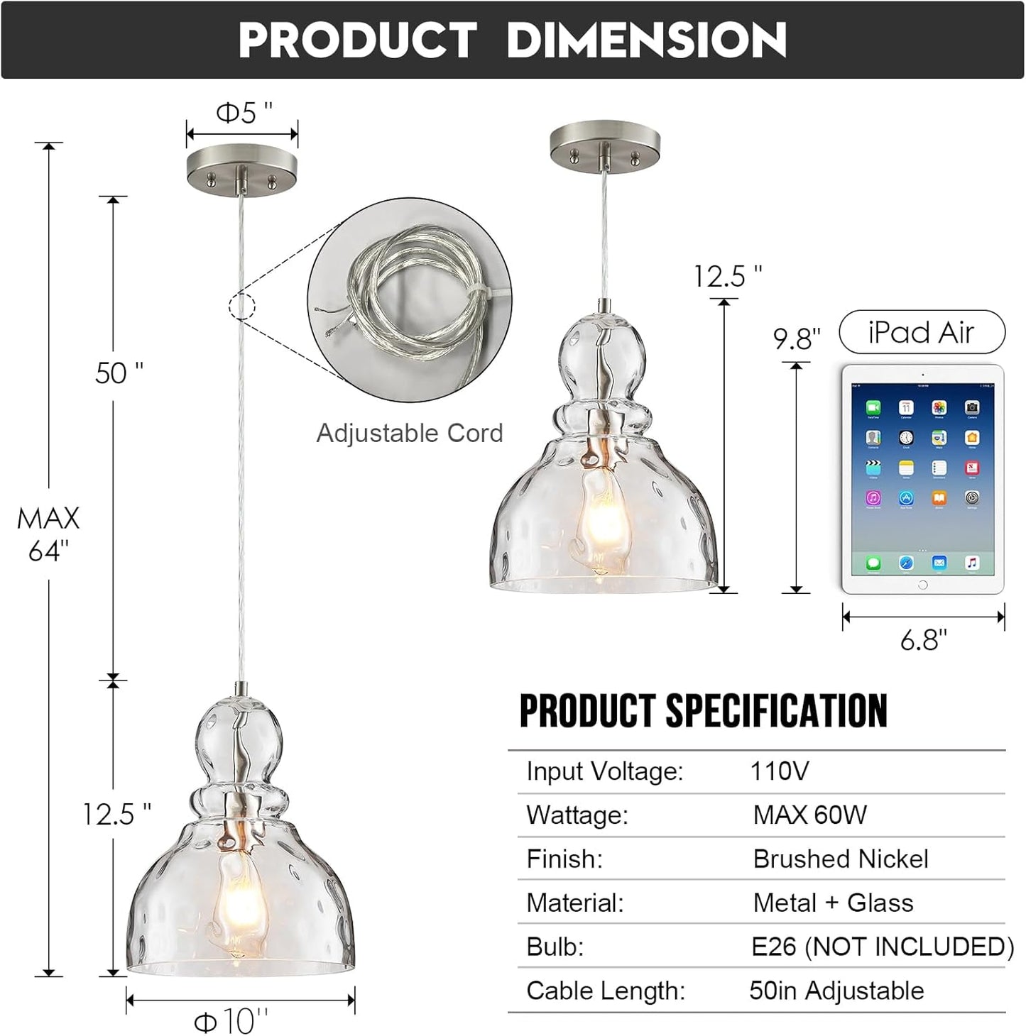 Brushed Nickel Pendant Light for Kitchen Island Hammered Glass Pendant Island Light 10Inch Modern Glass Pendant Lights for Kitchen Sink Dining Room Hallway Entrance