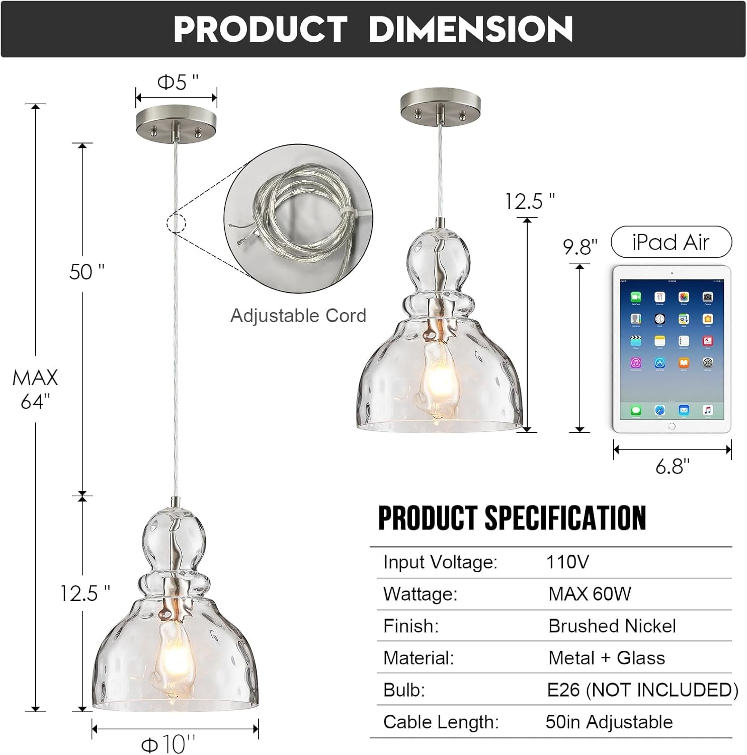 Brushed Nickel Pendant Light for Kitchen Island Hammered Glass Pendant Island Light 10Inch Modern Glass Pendant Lights for Kitchen Sink Dining Room Hallway Entrance