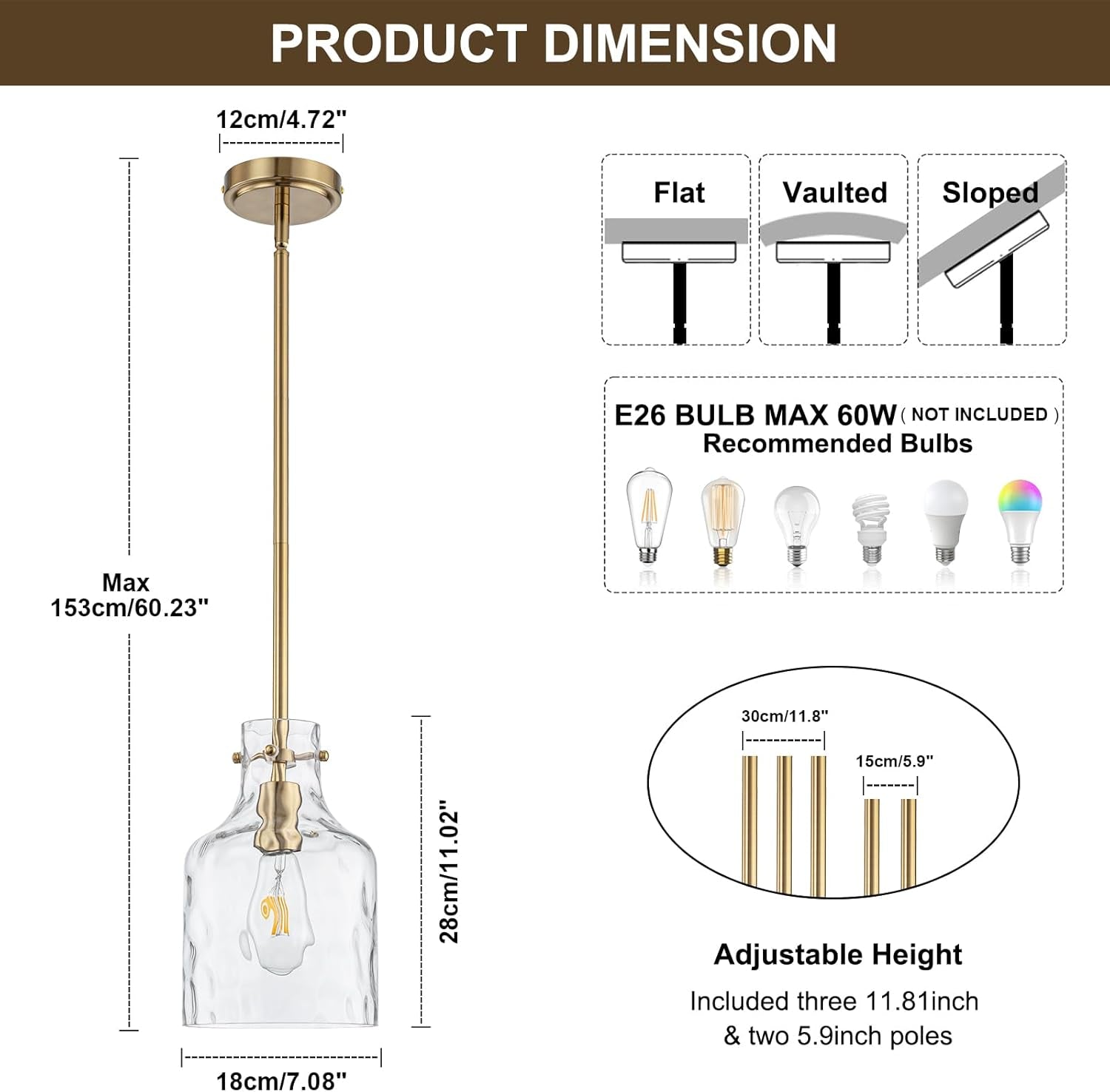 Pendant Light Fixtures,Glass Pendant Lighting for Modern Kitchen Island Adjustable Hanging Ceiling Light 7" Hammered Glass Shade Pendant Lights for Dining Room Kitchen Sink, Gold Metal Finish