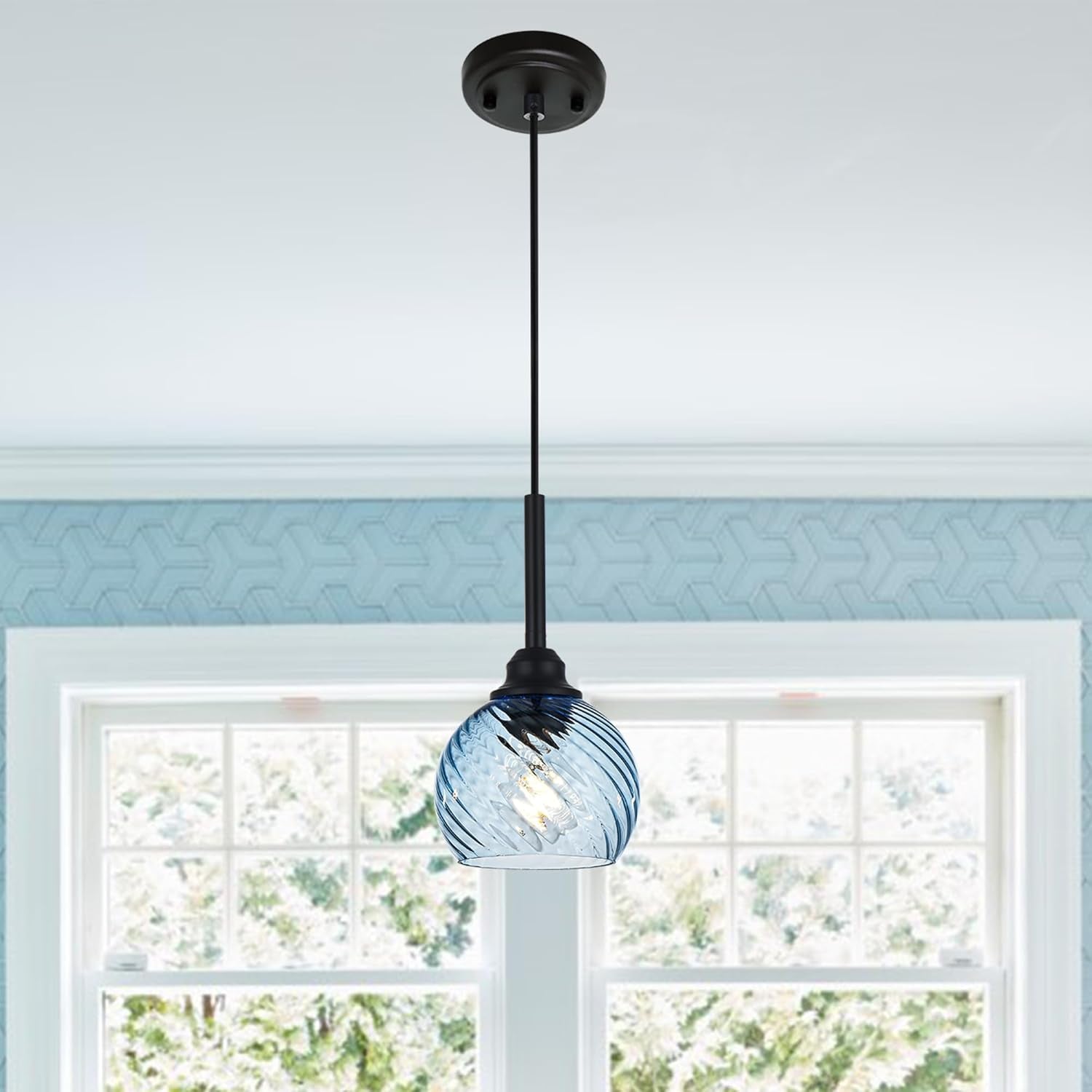 Kitchen Pendant Lighting over Sink 1-Light Hanging Lights for Kitchen Blue Glass Pendant Lights with Striped Swirl Glass Shade, Suit for Dining Room Bar Hallway