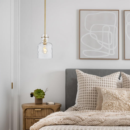 Pendant Light Fixtures,Glass Pendant Lighting for Modern Kitchen Island Adjustable Hanging Ceiling Light 7" Hammered Glass Shade Pendant Lights for Dining Room Kitchen Sink, Gold Metal Finish